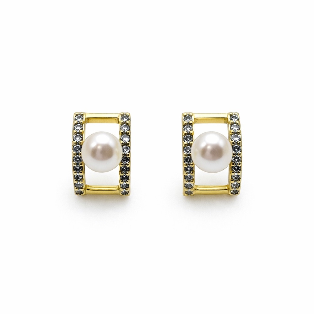 Gold Pearl Hoop Earrings with Crystal Accents